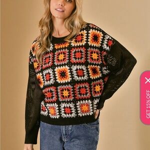 BiBi Black Crochet Square Pattern Sweater with Orange, Red & Cream Accents